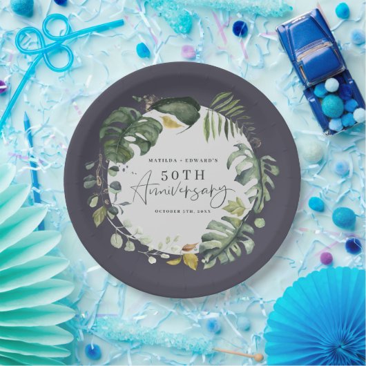 水彩画の群葉第50の結婚記念日のパーティー ペーパープレート (パーティー)