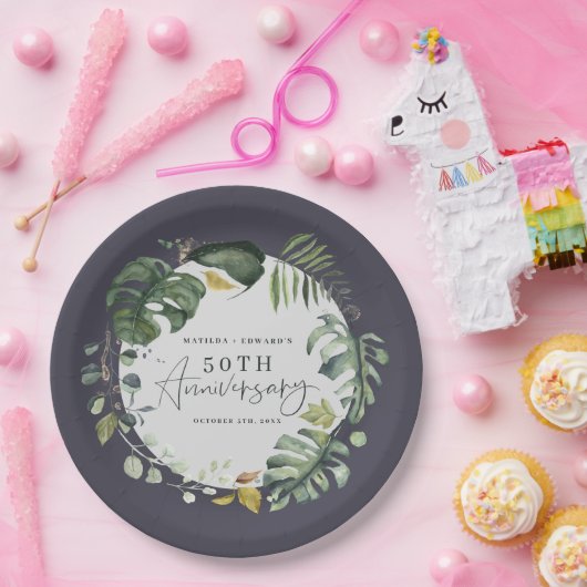 水彩画の群葉第50の結婚記念日のパーティー ペーパープレート (パーティー)