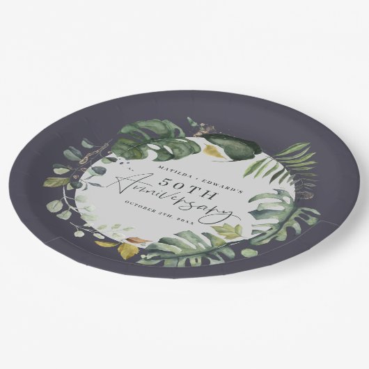 水彩画の群葉第50の結婚記念日のパーティー ペーパープレート (アングル)