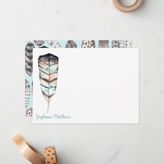 水彩画の羽|の文房具の平らなメッセージカード ノートカード (正面/裏面インサイチュ)