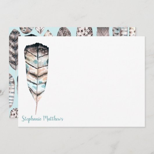 水彩画の羽|の文房具の平らなメッセージカード ノートカード (正面/裏面)