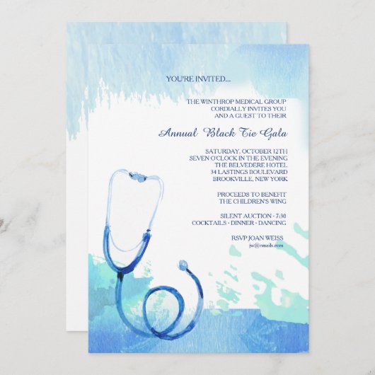 水彩画の聴診器の招待状 招待状 (正面/裏面)