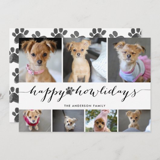 水彩画の肉球でハッピー ホリデイズ 7 枚の写真のペット シーズンカード (正面/裏面)