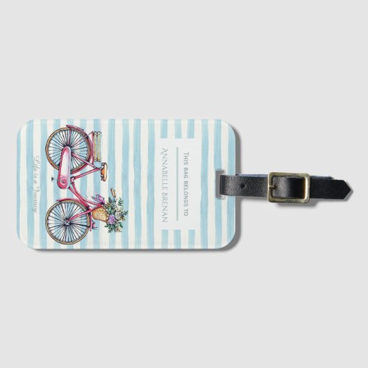 水彩画の自転車のかわいらしくストライプのなパーソナライズ ラゲッジタグ (正面横)