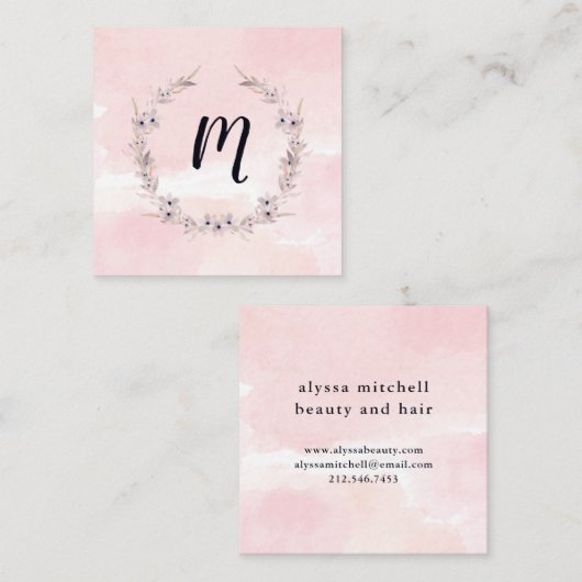 水彩画の至福|の赤面のピンクの花柄のモノグラム スクエア名刺 (正面/裏面)