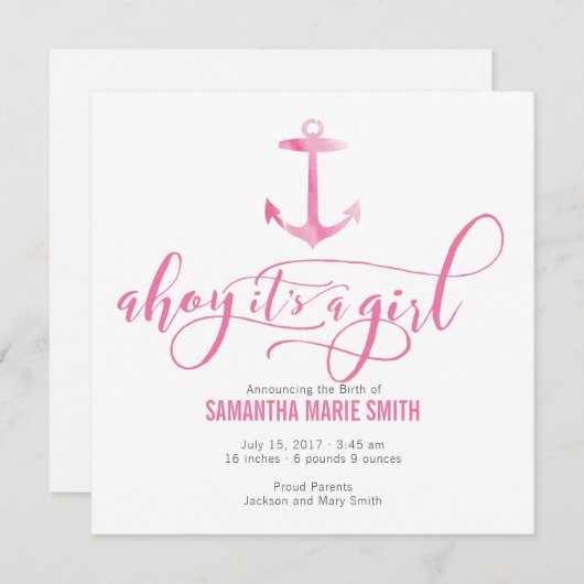 水彩画の航海のないかりの女の赤ちゃんの発表 案内状 (正面/裏面)