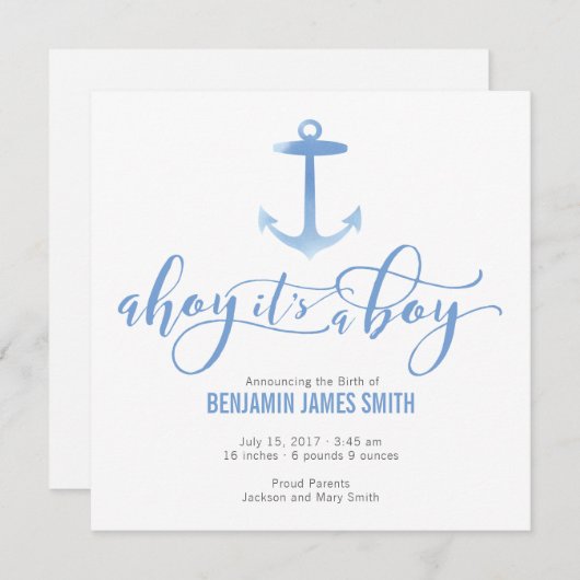 水彩画の航海のないかりの男の赤ちゃんの発表 案内状 (正面/裏面)
