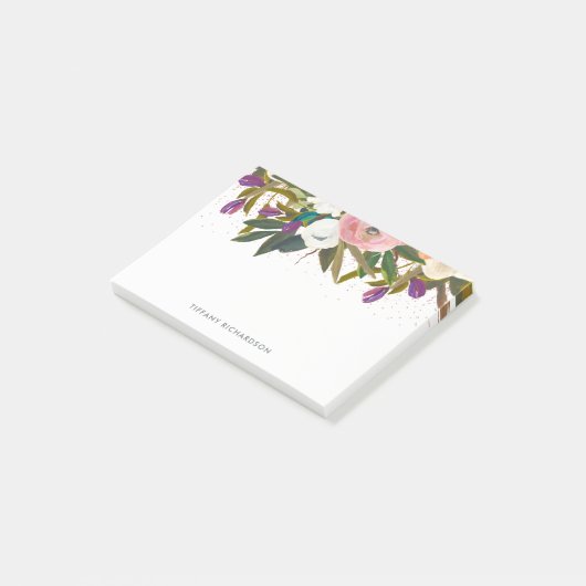 水彩画の花およびフェイクなピンクのグリッター ポストイット (アングル)