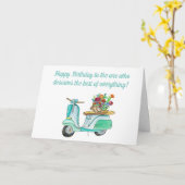 水彩画の花かご付バイクの誕生日プレゼント カード (黄色い花)