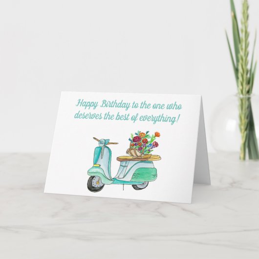 水彩画の花かご付バイクの誕生日プレゼント カード (正面)