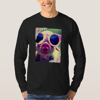 水彩画の花とサングラスをかけた豚 かわいい Tシャツ
