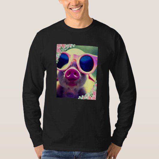 水彩画の花とサングラスをかけた豚 かわいい Tシャツ (正面)