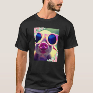 水彩画の花とサングラスをかけた豚 かわいい Tシャツ