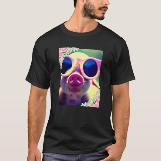 水彩画の花とサングラスをかけた豚 かわいい Tシャツ (正面)