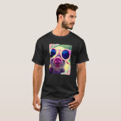 水彩画の花とサングラスをかけた豚 かわいい Tシャツ (正面フル)