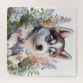水彩画の花とシベリアンハスキーの子犬 ジグソーパズル (横)