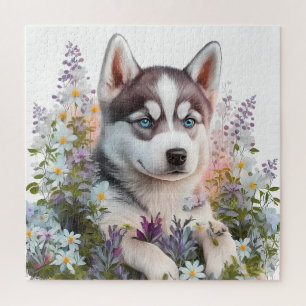 水彩画の花とシベリアンハスキーの子犬 ジグソーパズル