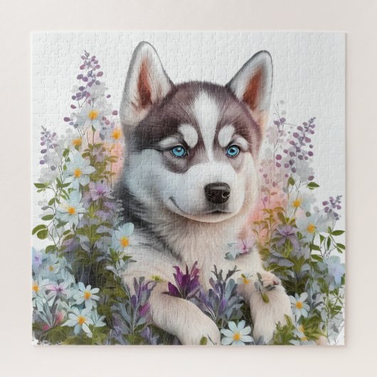水彩画の花とシベリアンハスキーの子犬 ジグソーパズル (縦)