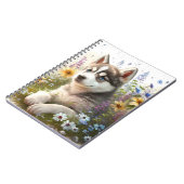 水彩画の花とシベリアンハスキーの子犬 ノートブック (左側)