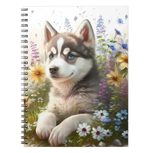 水彩画の花とシベリアンハスキーの子犬 ノートブック (正面)