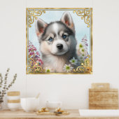 水彩画の花とシベリアンハスキーの子犬 ポスター (キッチン)