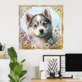 水彩画の花とシベリアンハスキーの子犬 ポスター (ホームオフィス)