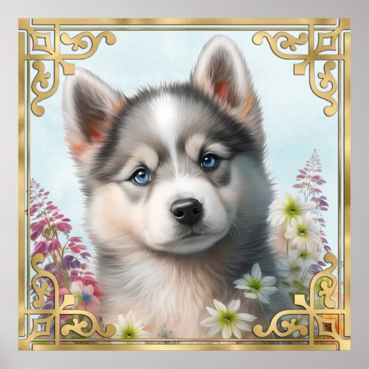 水彩画の花とシベリアンハスキーの子犬 ポスター (正面)