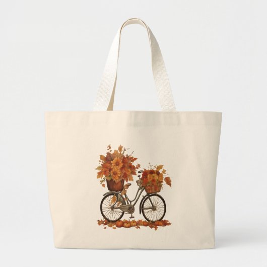 水彩画の花とヴィンテージ自転車と秋の収穫 ラージトートバッグ (正面)