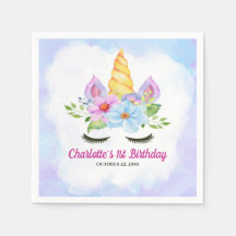 水彩画の花と魔法のユニコーン 1歳の誕生日