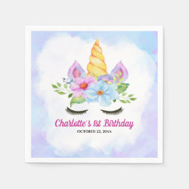 水彩画の花と魔法のユニコーン 1歳の誕生日 スタンダードカクテルナプキン