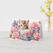 水彩画の花のついた湯飲みのコットンねこ カード (黄色い花)