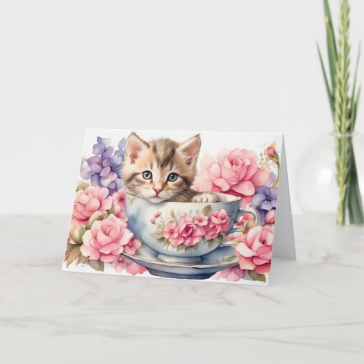 水彩画の花のついた湯飲みのコットンねこ カード (正面)