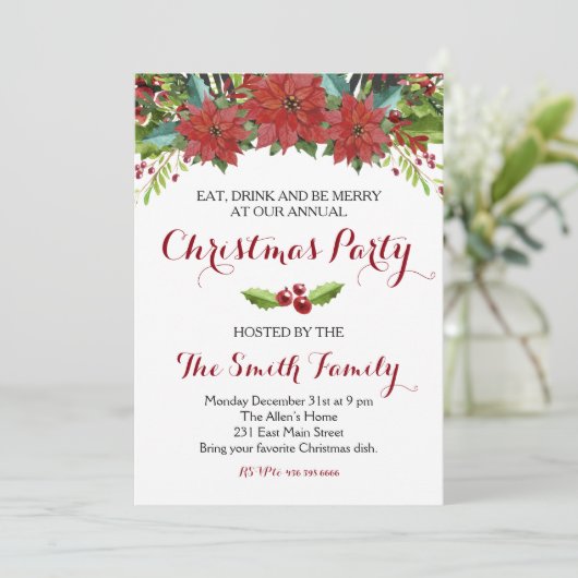 水彩画の花のクリスマスのパーティの招待状 招待状 (スタンド正面)