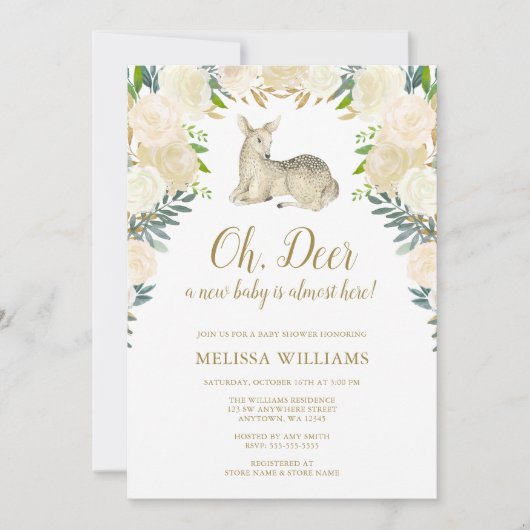 水彩画の花のシカのベビーシャワー招待状 招待状 (正面)
