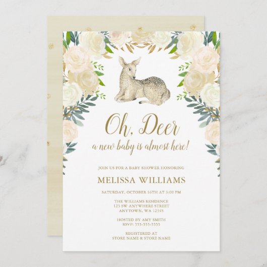 水彩画の花のシカのベビーシャワー招待状 招待状 (正面/裏面)