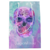 水彩画の花のスカル ミディアムペーパーバッグ (正面)