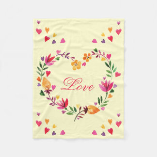 水彩画の花のハートのリース愛 フリースブランケット