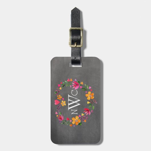 水彩画の花のハートのリース|の黒板の灰色 ラゲッジタグ (正面縦)