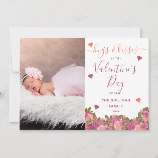 水彩画の花のバレンタインの写真の抱擁及びキス サンキューカード (正面)