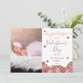 水彩画の花のバレンタインの写真の抱擁及びキス サンキューカード (スタンド正面)