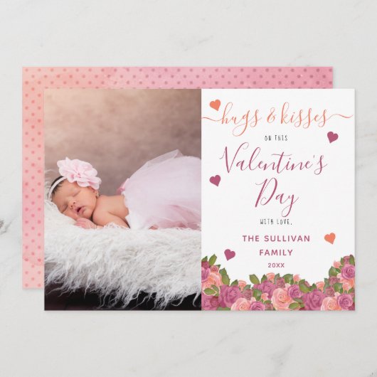 水彩画の花のバレンタインの写真の抱擁及びキス サンキューカード (正面/裏面)