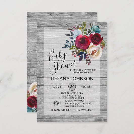 水彩画の花のバーガンディの灰色の素朴なベビーシャワー 招待状 (正面/裏面)