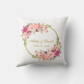 水彩画の花のピンクのリースの金ゴールドの結婚 クッション (裏面)
