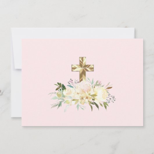水彩画の花のピンクの女の子の最初聖餐式 招待状 (裏面)