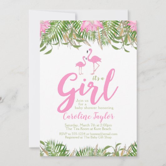 水彩画の花のフラミンゴのベビーシャワーの招待状 招待状 (正面)
