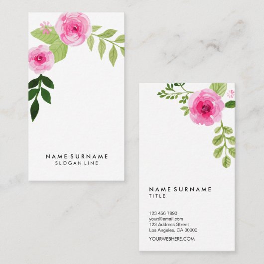 水彩画の花のミニマルでモダンなパステル調の垂直 名刺 (正面/裏面)