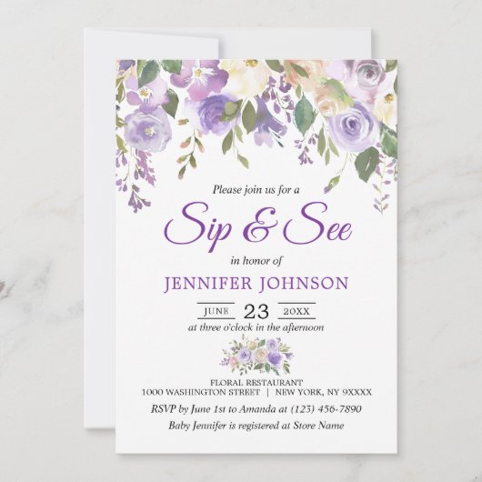 水彩画の花のラベンダーの紫色のベビーSIPは及び見ます 招待状 (正面)