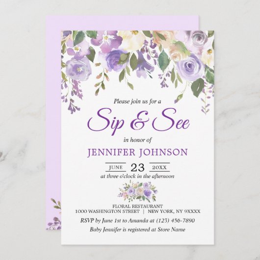 水彩画の花のラベンダーの紫色のベビーSIPは及び見ます 招待状 (正面/裏面)