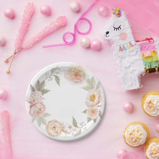 水彩画の花のリースが付いているかわいらしい紙皿 ペーパープレート (パーティー)