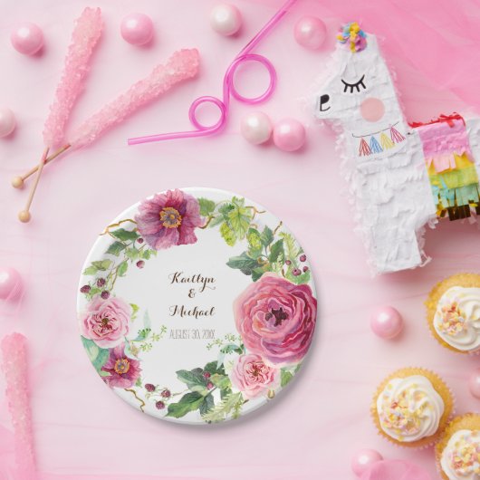水彩画の花のリースのシャクヤクのばら色のブライダルシャワー ペーパープレート (パーティー)